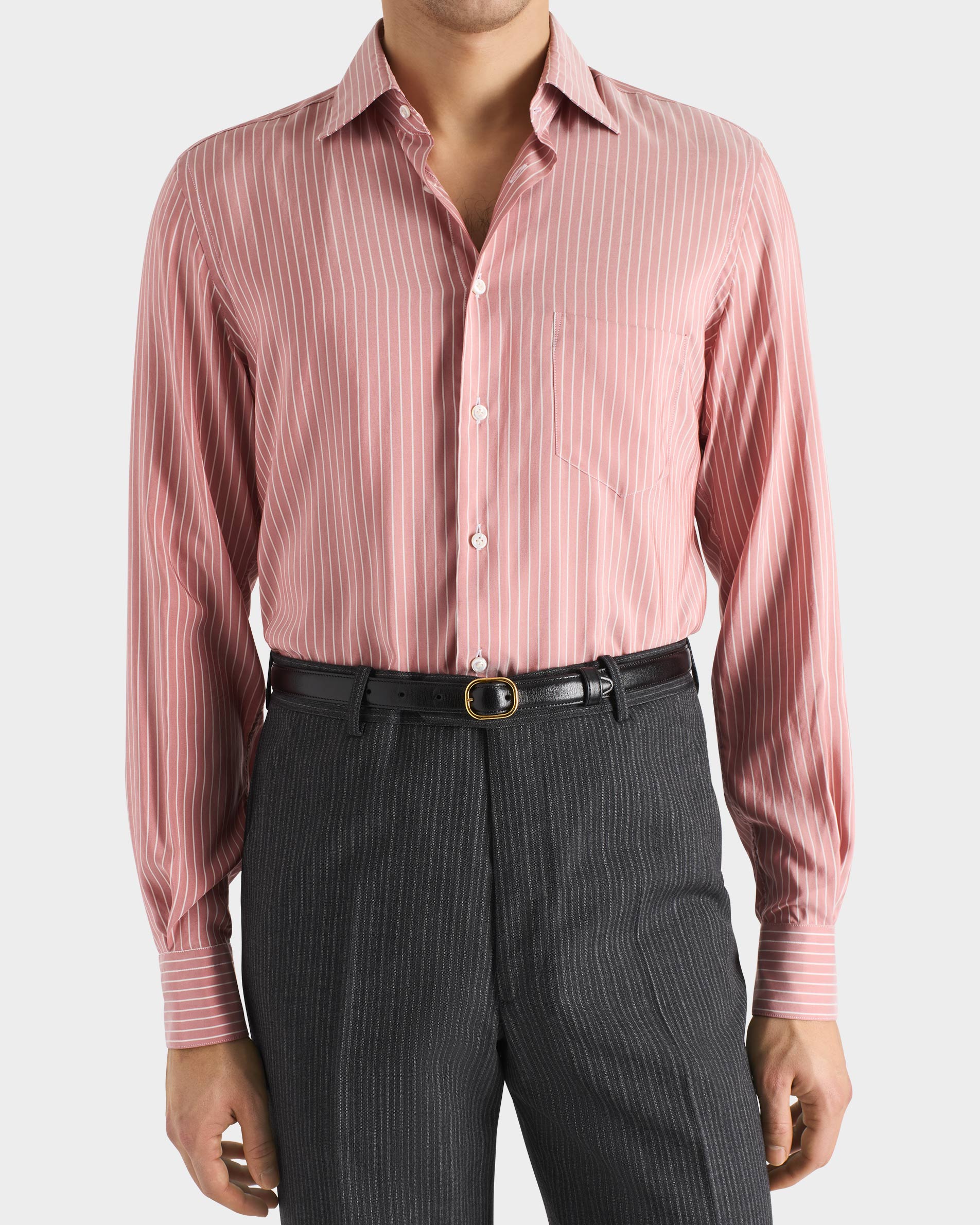 CHEMISE COL CLASSIQUE EN POPELINE DE SOIE - CORAIL À RAYURES