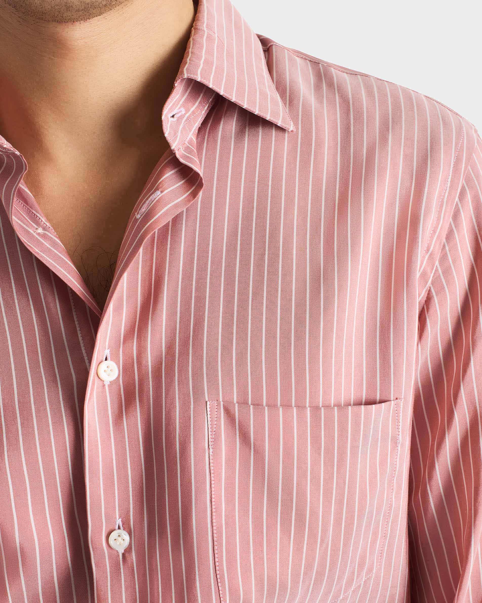 CHEMISE COL CLASSIQUE EN POPELINE DE SOIE - CORAIL À RAYURES - Image 2