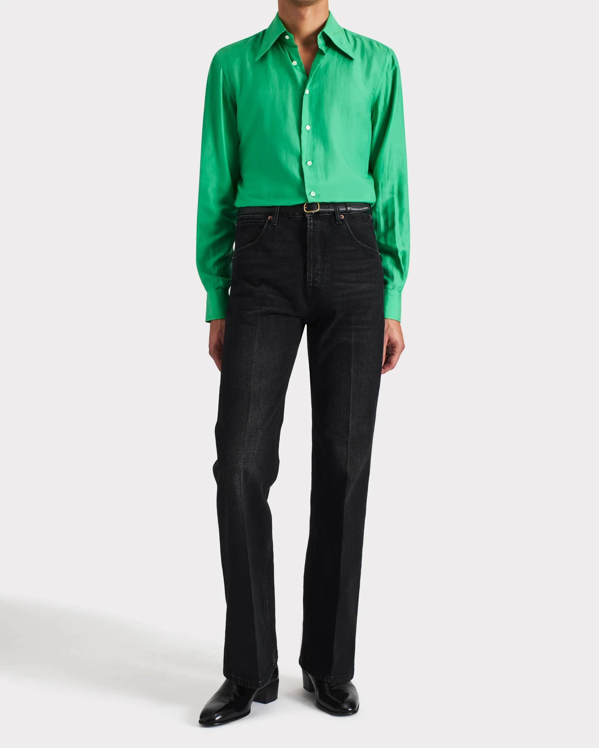 CHEMISE COL LARGE EN COTON ET SOIE - VERT KELLY - Image 4