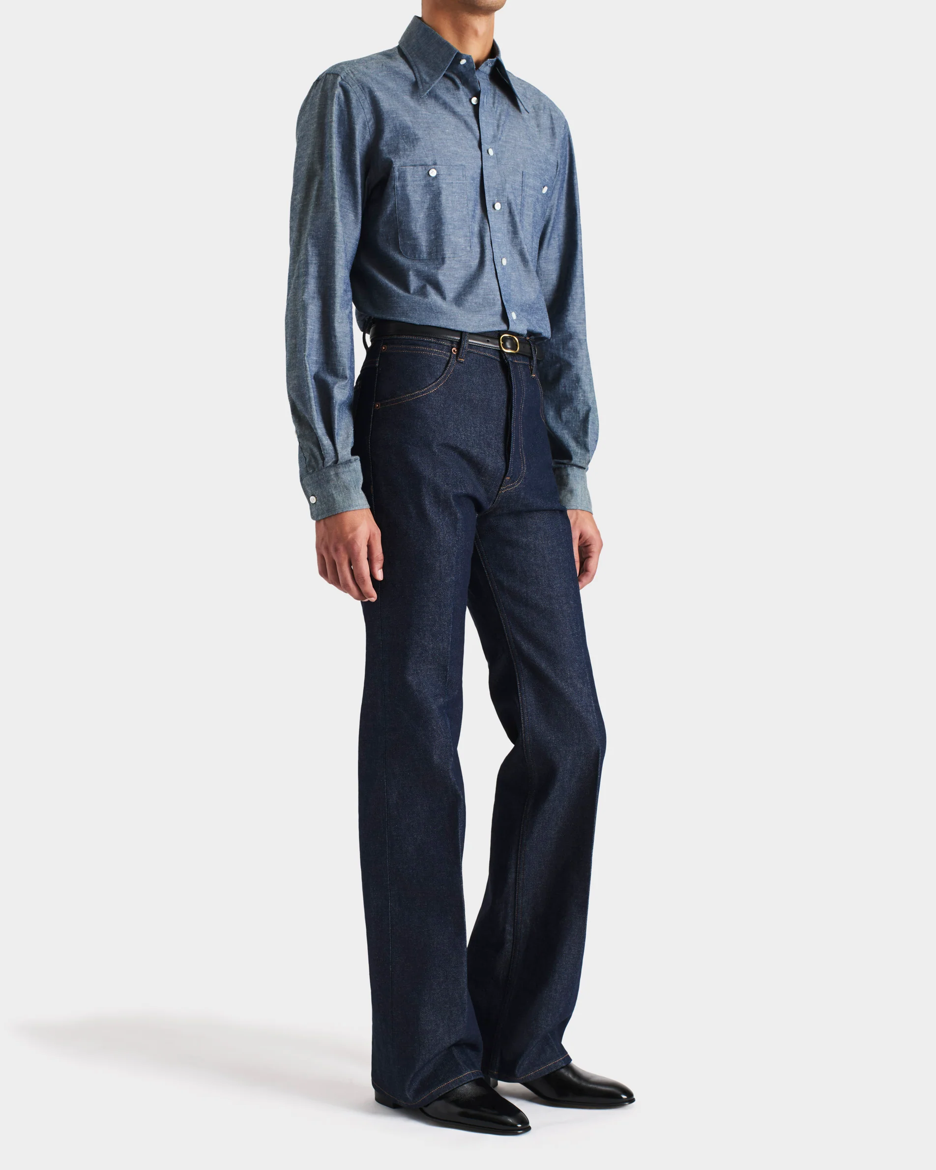 CHEMISE COL LARGE EN CHAMBRAY DE COTON ET LIN - BLEU FONCĂ - Image 4