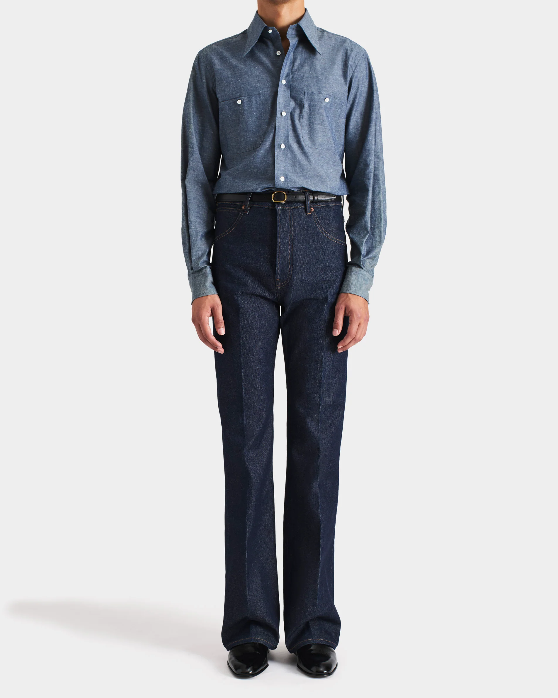 CHEMISE COL LARGE EN CHAMBRAY DE COTON ET LIN - BLEU FONCĂ - Image 5