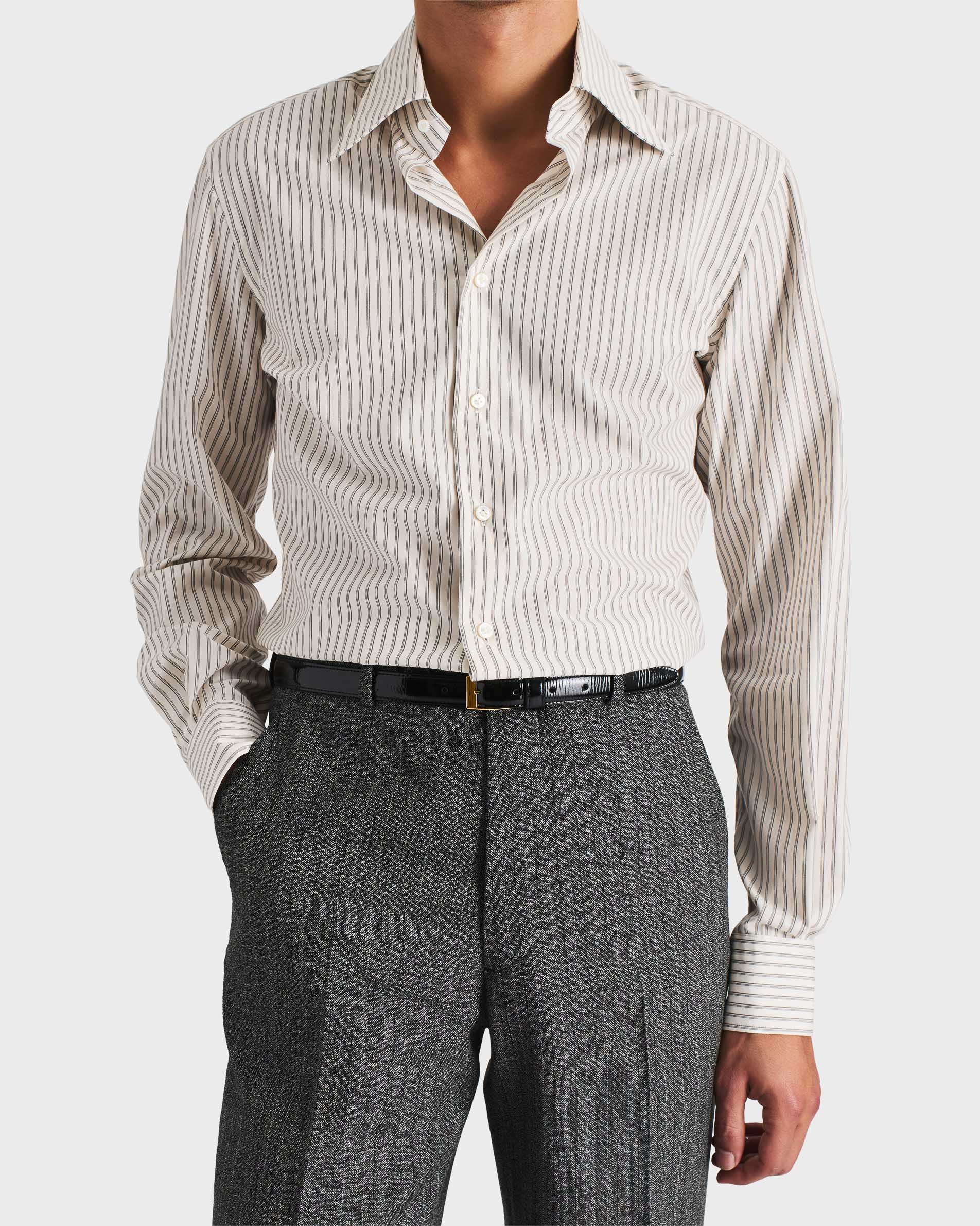 CHEMISE COL LARGE EN POPELINE DE COTON - BLANC CASSÉ À RAYURES