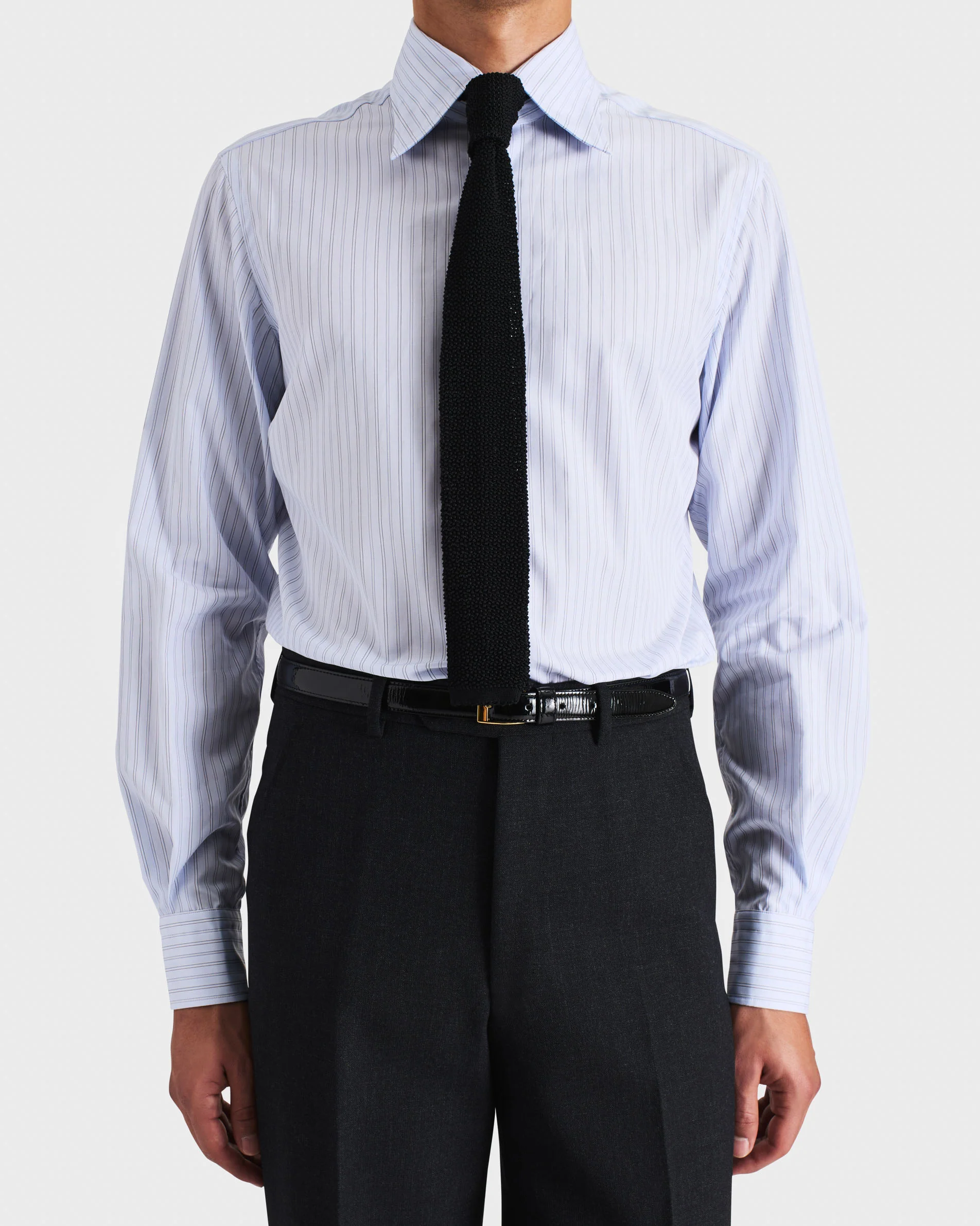 CHEMISE COL LARGE EN POPELINE DE COTON  - BLEU CLAIR À RAYURES