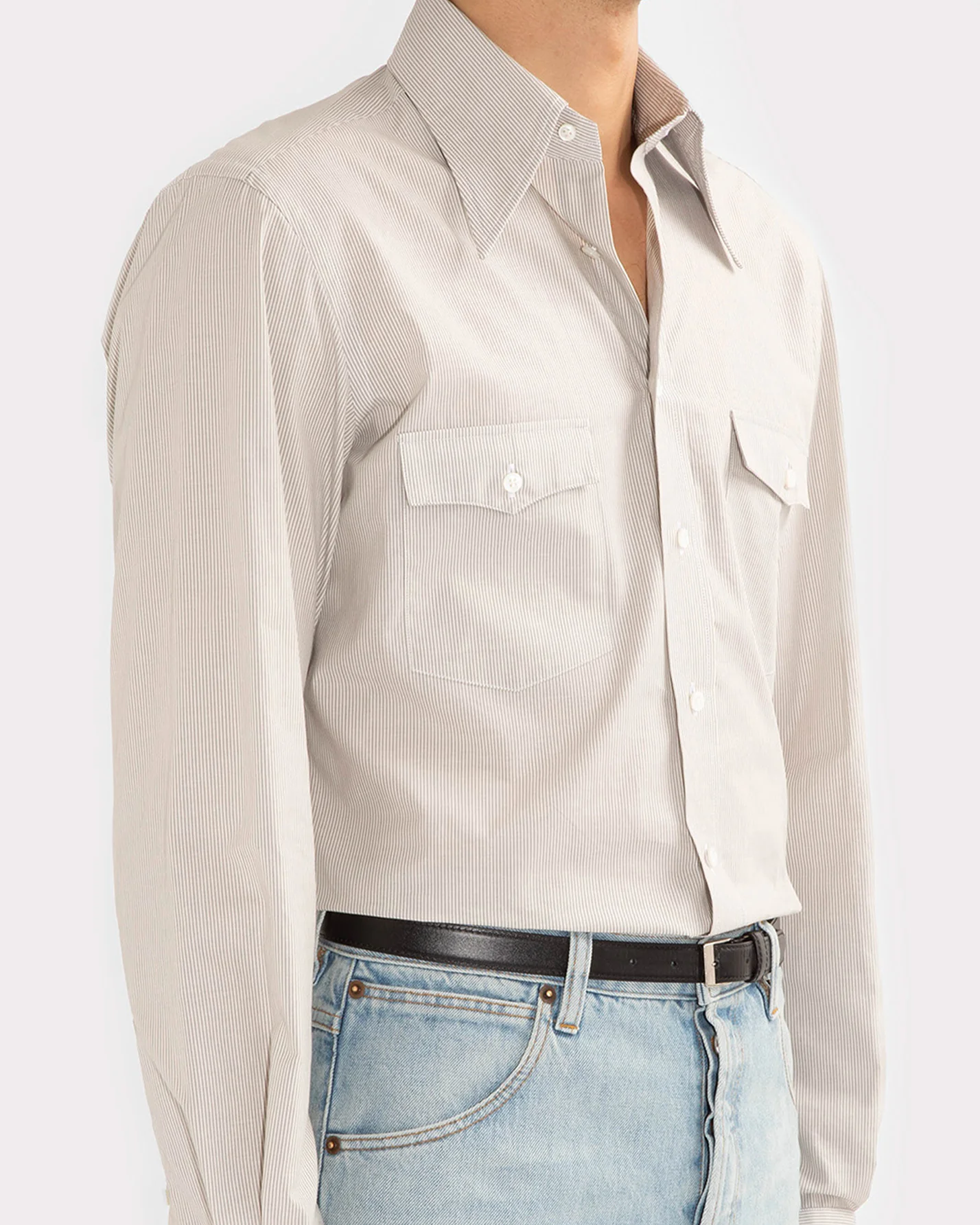 CHEMISE COL LARGE EN POPELINE DE COTON - RAYURES GRISES ET BLANCHES - Image 3