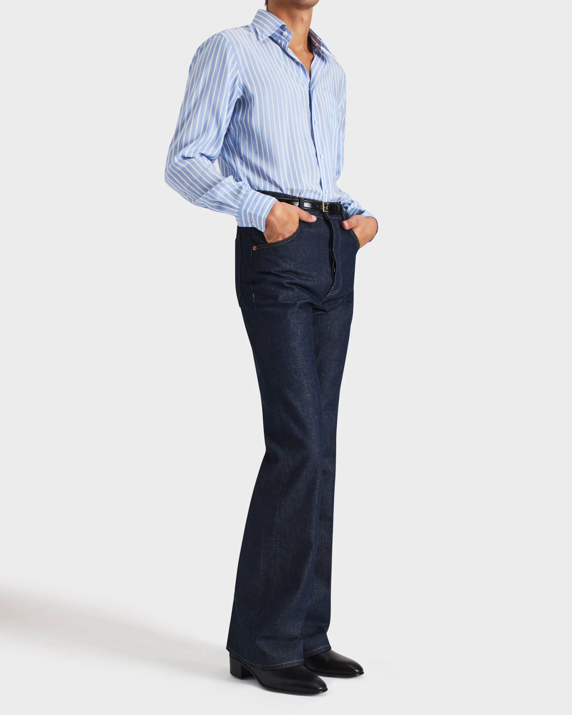 CHEMISE COL LARGE EN POPELINE DE SOIE - RAYURES BOUCHER BLEUE ET BLANCHE - Image 4
