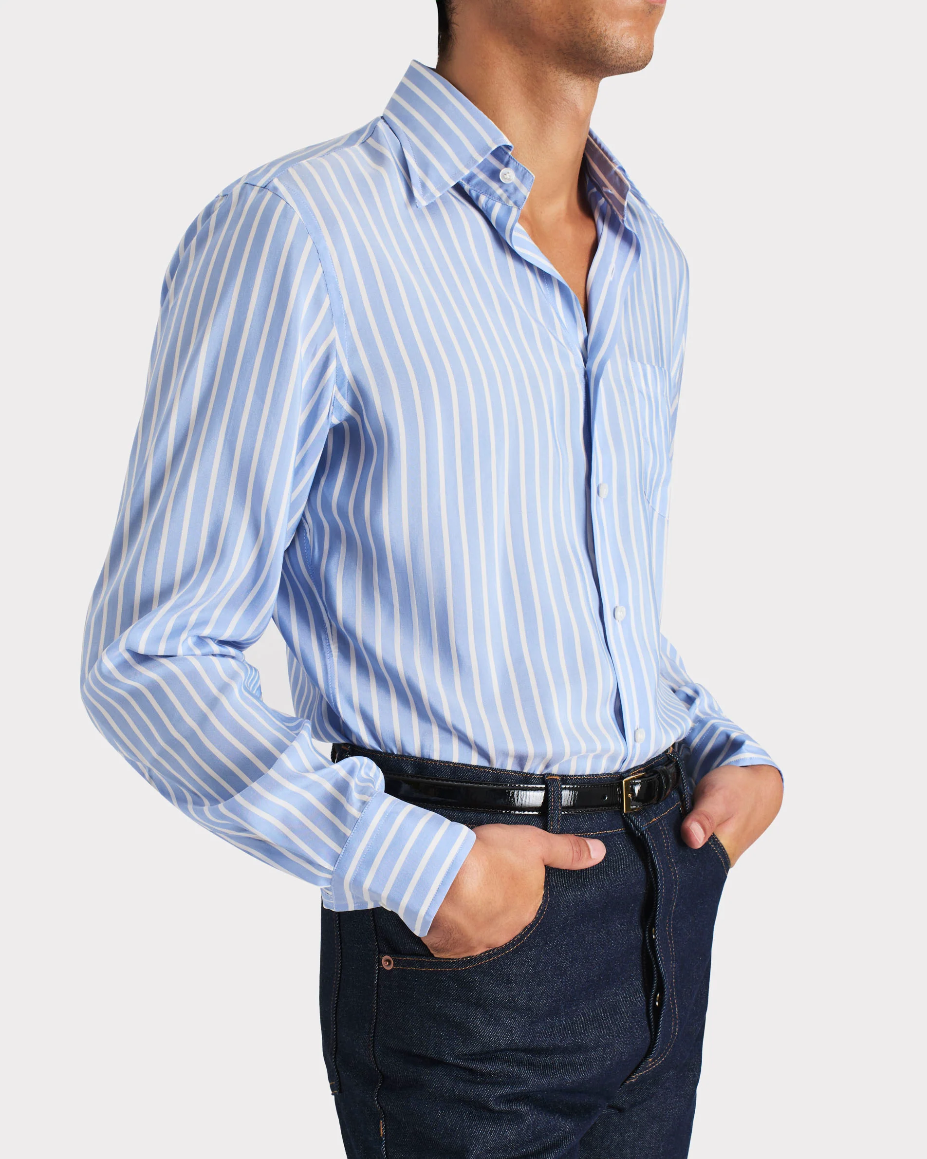 CHEMISE COL LARGE EN POPELINE DE SOIE - RAYURES BOUCHER BLEUE ET BLANCHE - Image 5