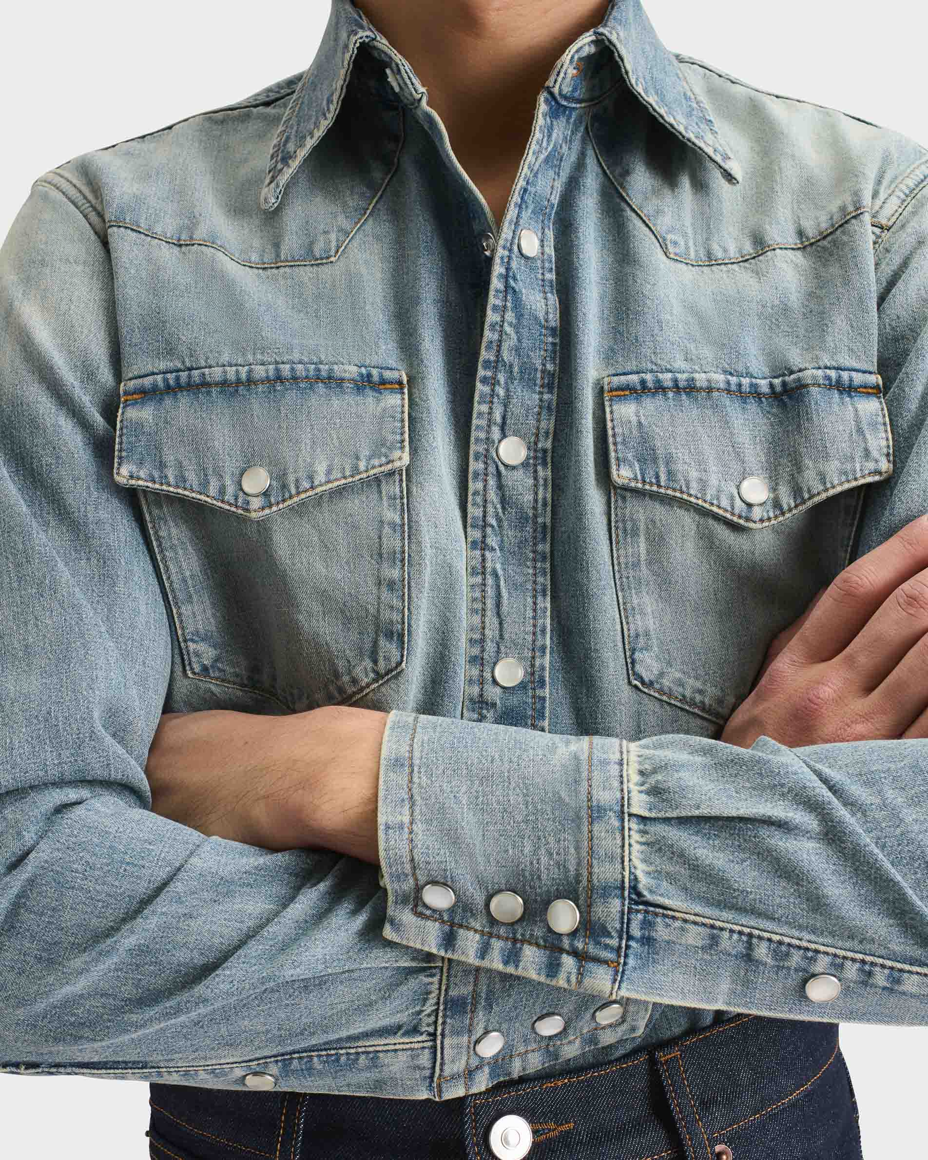 CHEMISE WESTERN EN DENIM DE COTON SELVEDGE - BLEUE DÉLAVÉ - Image 5