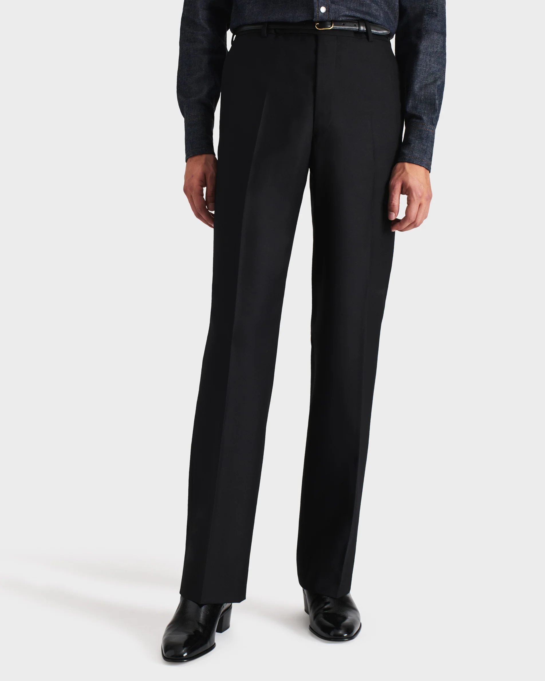PANTALON DROIT EN SERGĂ DE LAINE PEIGNĂE - NOIR