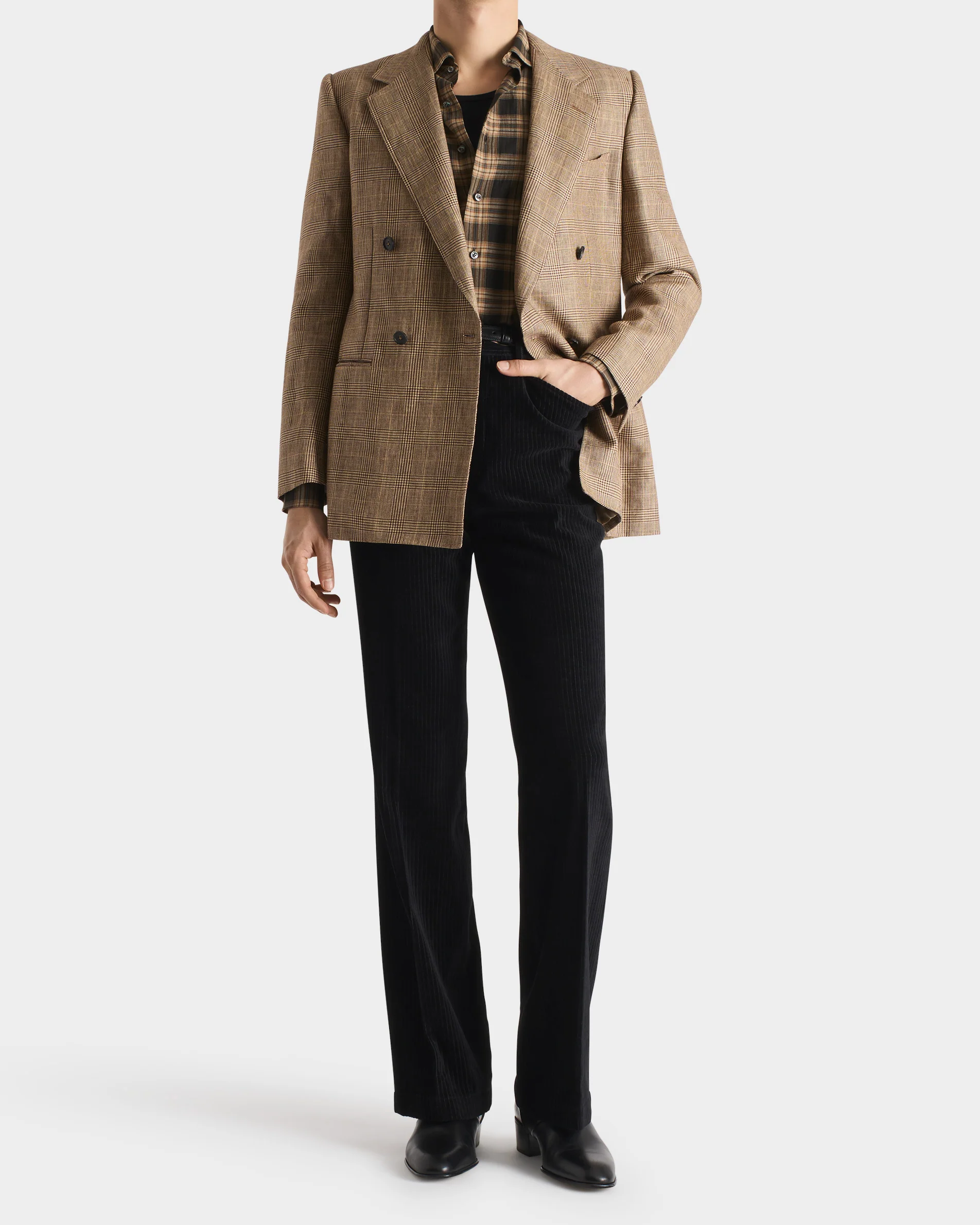 VESTE CROISÉE EN SERGÉ DE LAINE PEIGNÉE ET LIN - CAMEL ET MARRON PRINCE DE GALLES - Image 4