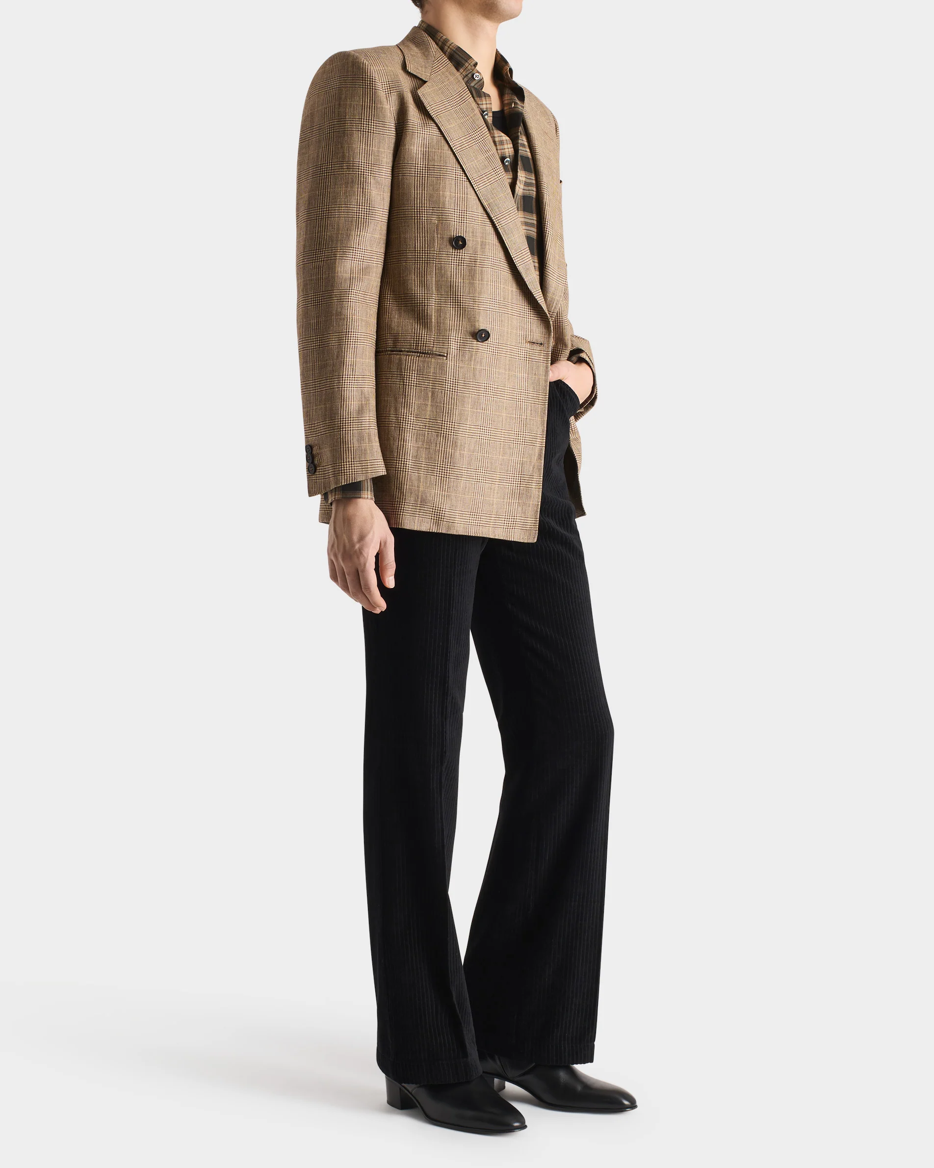 VESTE CROISÉE EN SERGÉ DE LAINE PEIGNÉE ET LIN - CAMEL ET MARRON PRINCE DE GALLES - Image 5