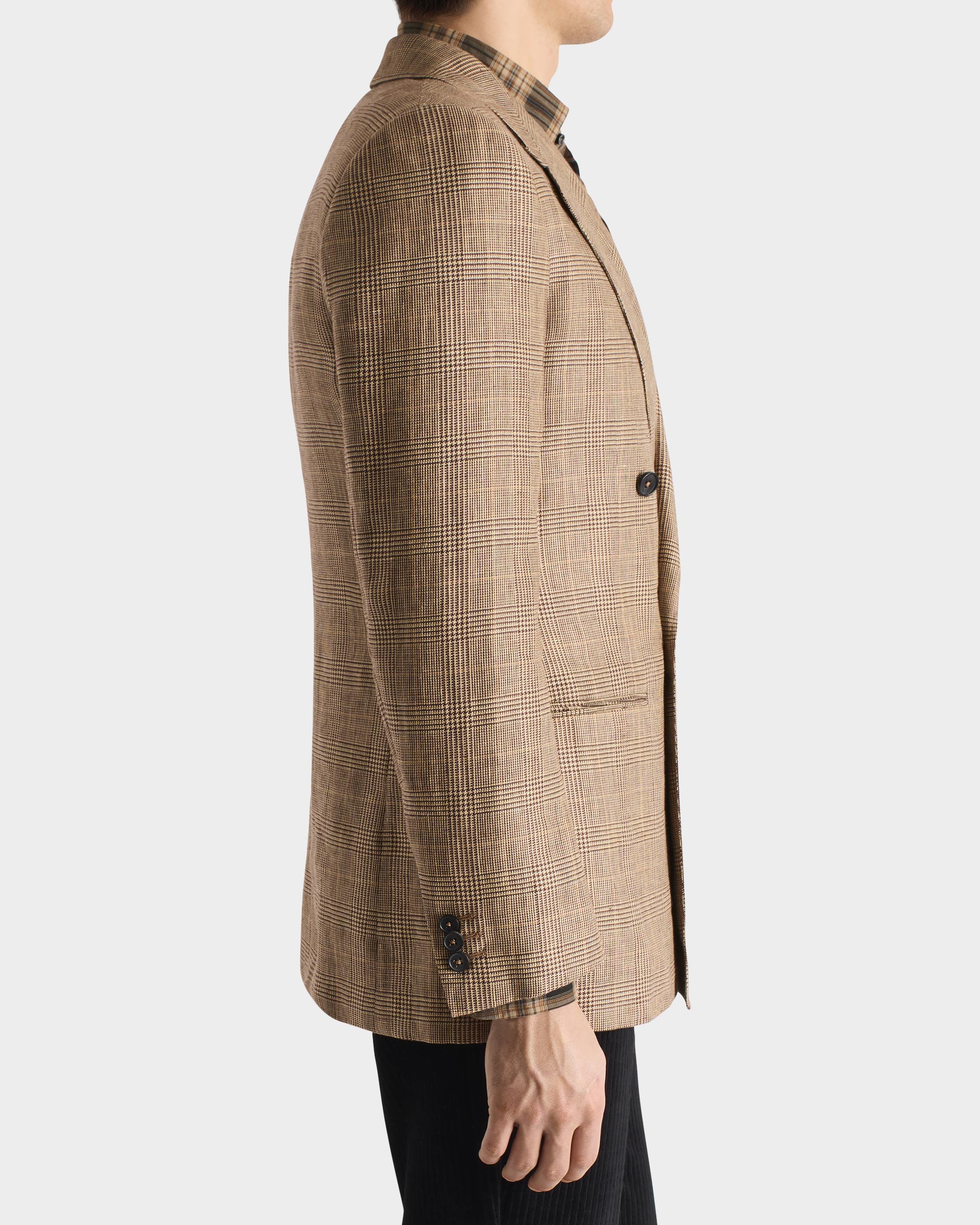 VESTE CROISÉE EN SERGÉ DE LAINE PEIGNÉE ET LIN - CAMEL ET MARRON PRINCE DE GALLES - Image 6