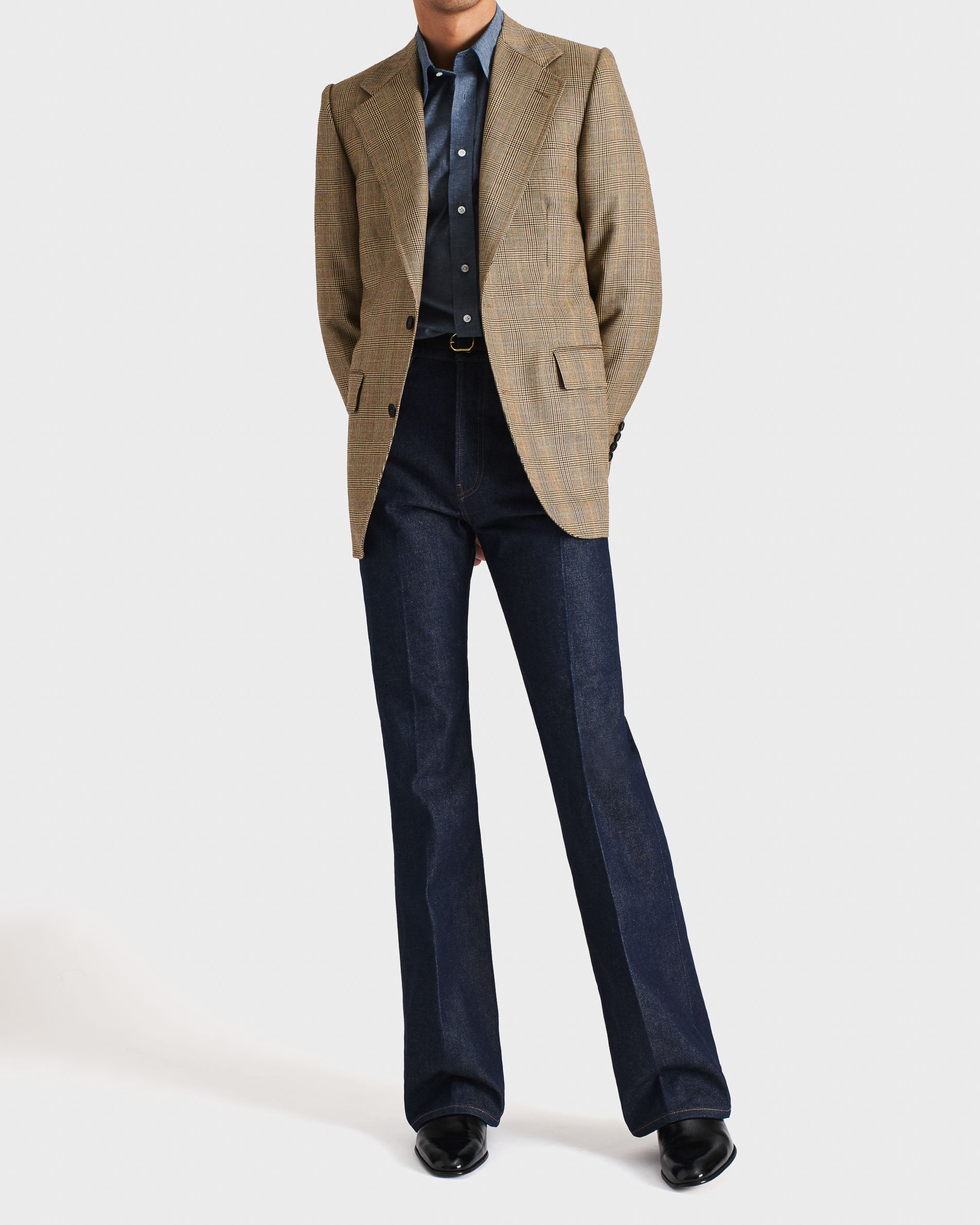 VESTE DROITE EN SERGÉ DE LAINE PEIGNÉE - NOIR ET BEIGE GLENCHECK - Image 4