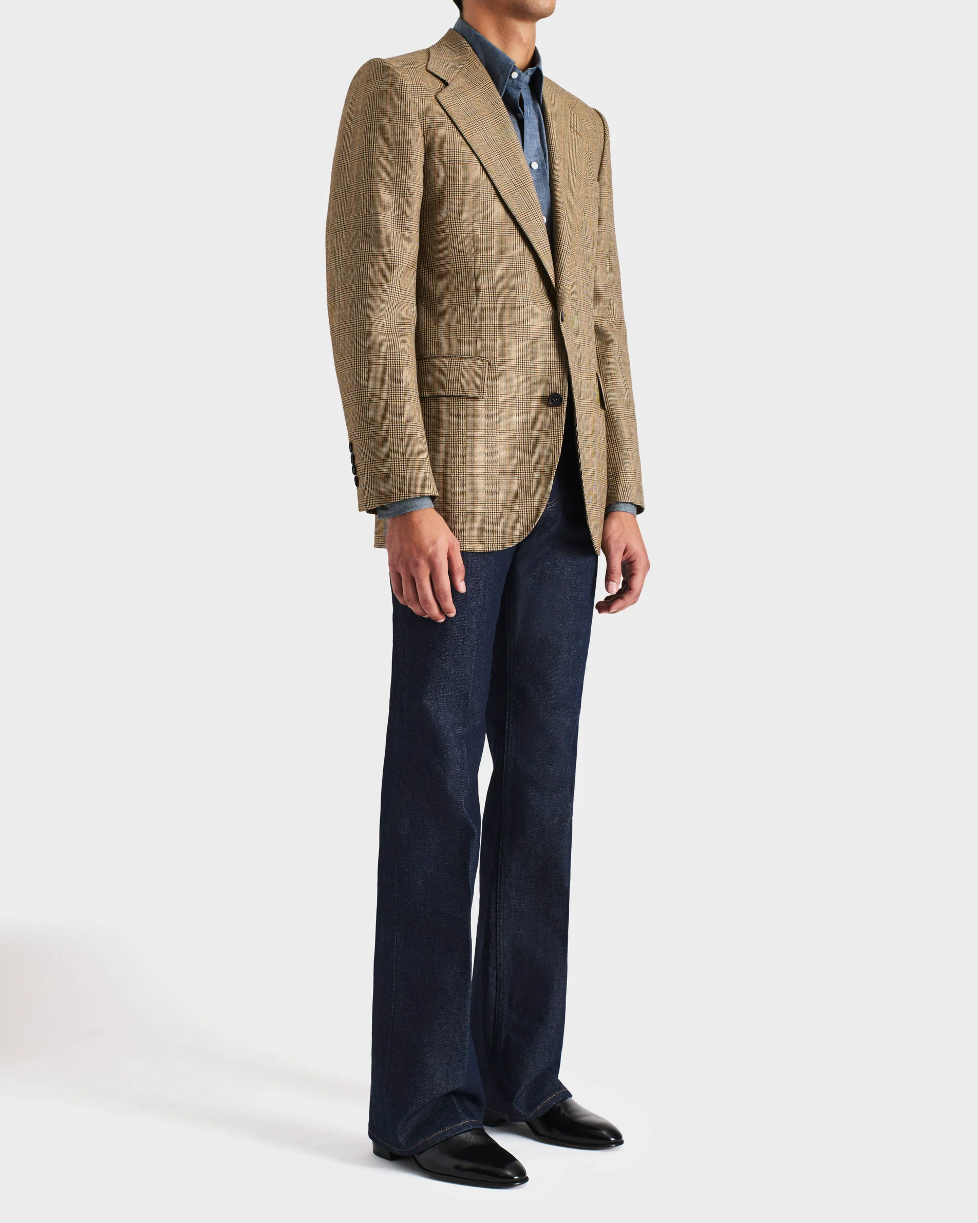 VESTE DROITE EN SERGÉ DE LAINE PEIGNÉE - NOIR ET BEIGE GLENCHECK - Image 5
