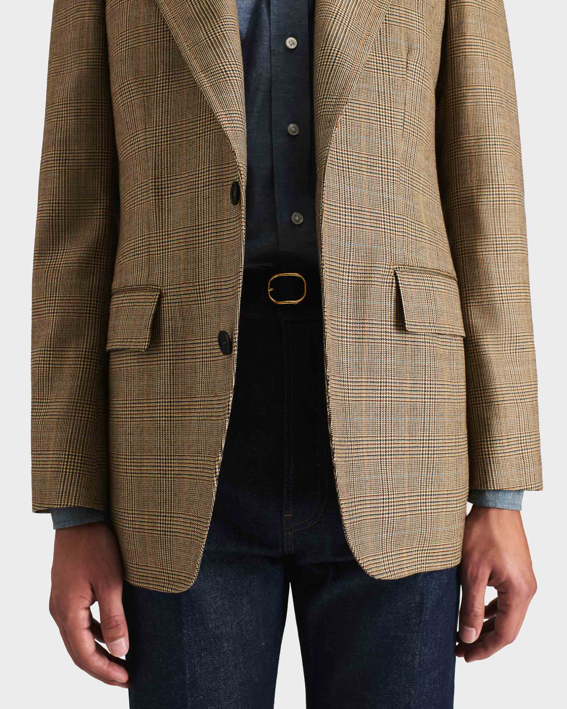 VESTE DROITE EN SERGÉ DE LAINE PEIGNÉE - NOIR ET BEIGE GLENCHECK - Image 6